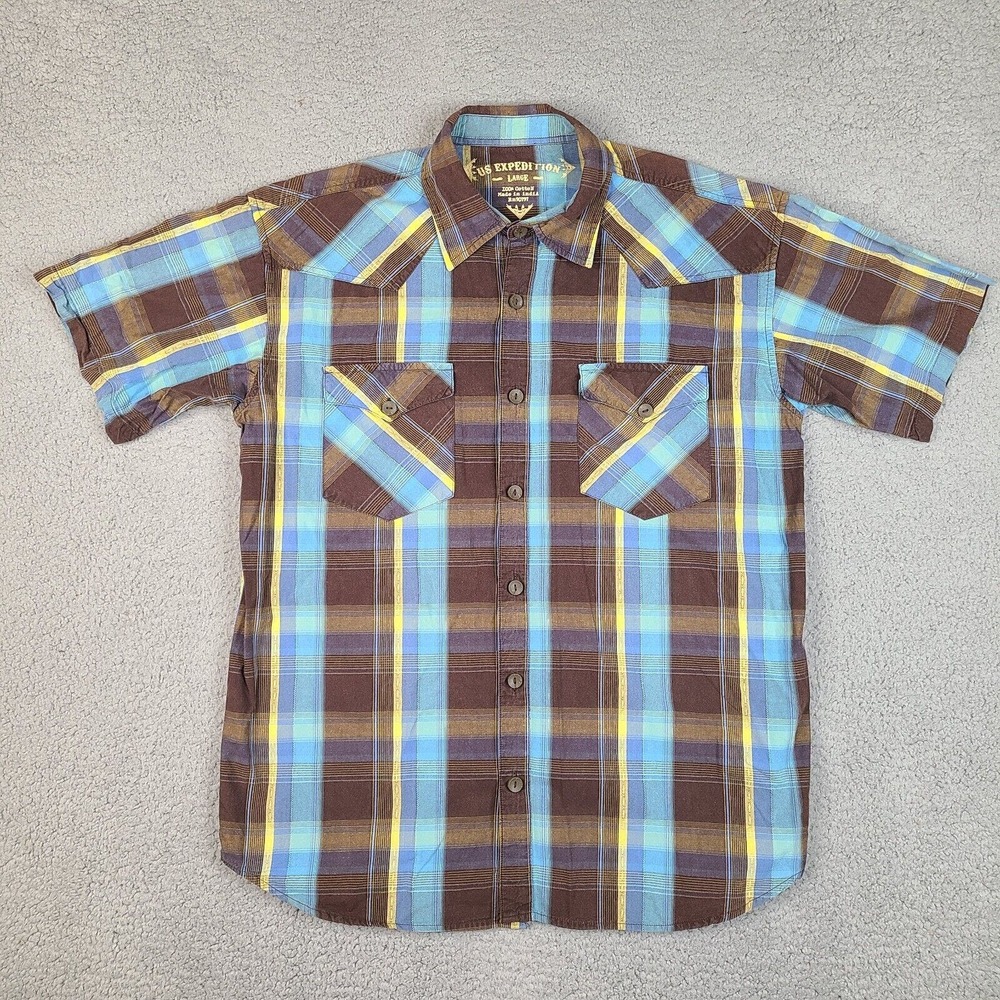 US Expedition Shirt Mens Large Brown Blue Plaid Western Button Down Short Sleeve